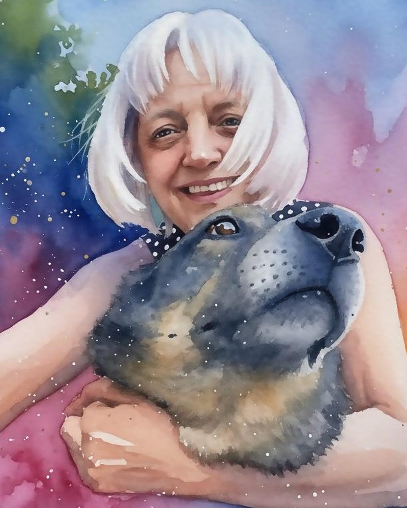 Aquarell-Porträt von MichaEla Pichler mit ihrem Hund